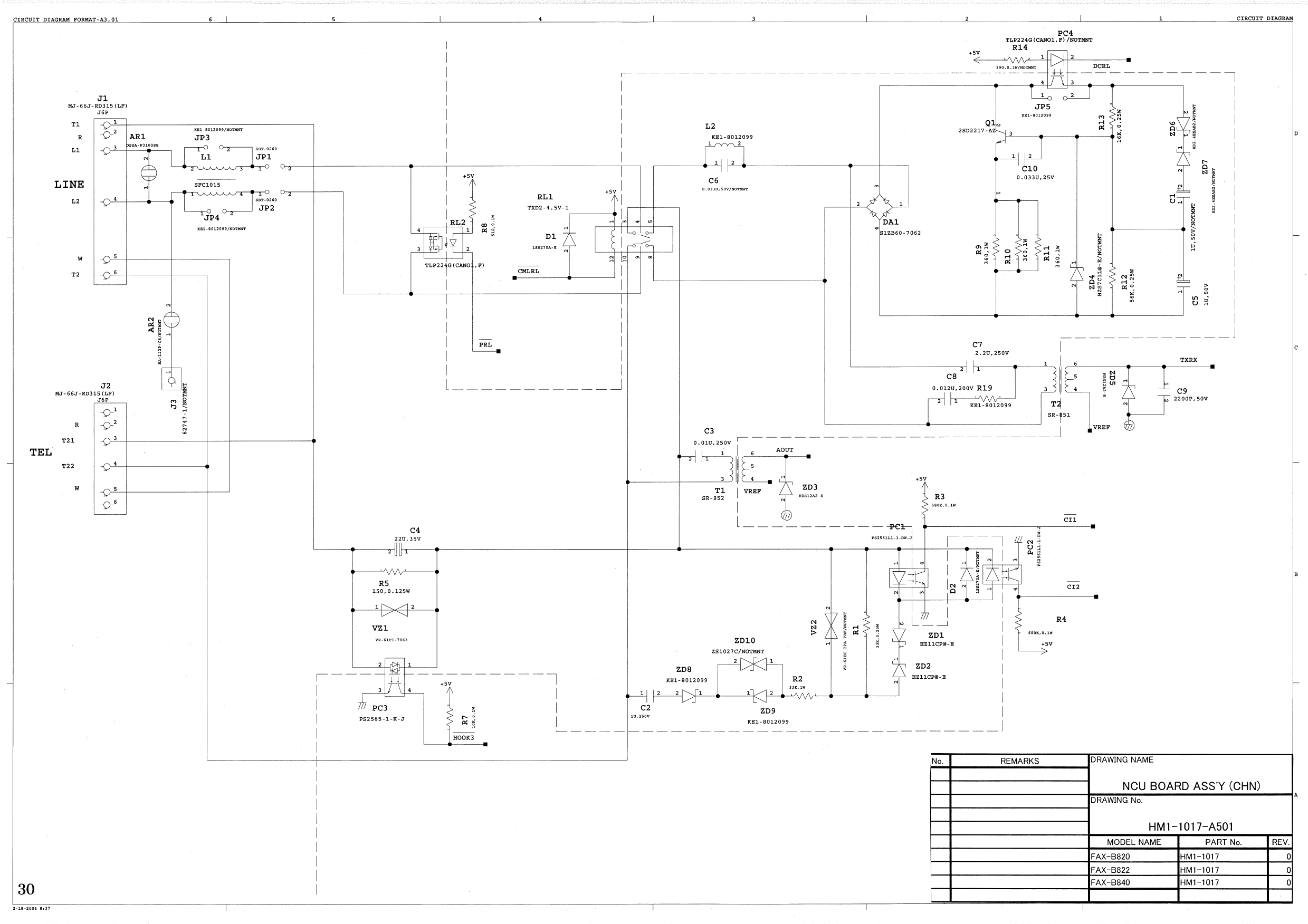 Canon FAX B820 B822 B840 NCU-BOARD Circuit Diagram-3